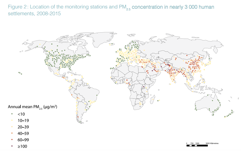 The WHO’s guidelines are based on the “annual mean of particulate matter with a diameter of less than 2.5 micrometres (PM2.5).” The upper limit for air pollution is 10 μg/m3; anything above that, represented as anything other than a green dot in the map above, doesn’t meet the WHO’s standards. (Image: WHO)